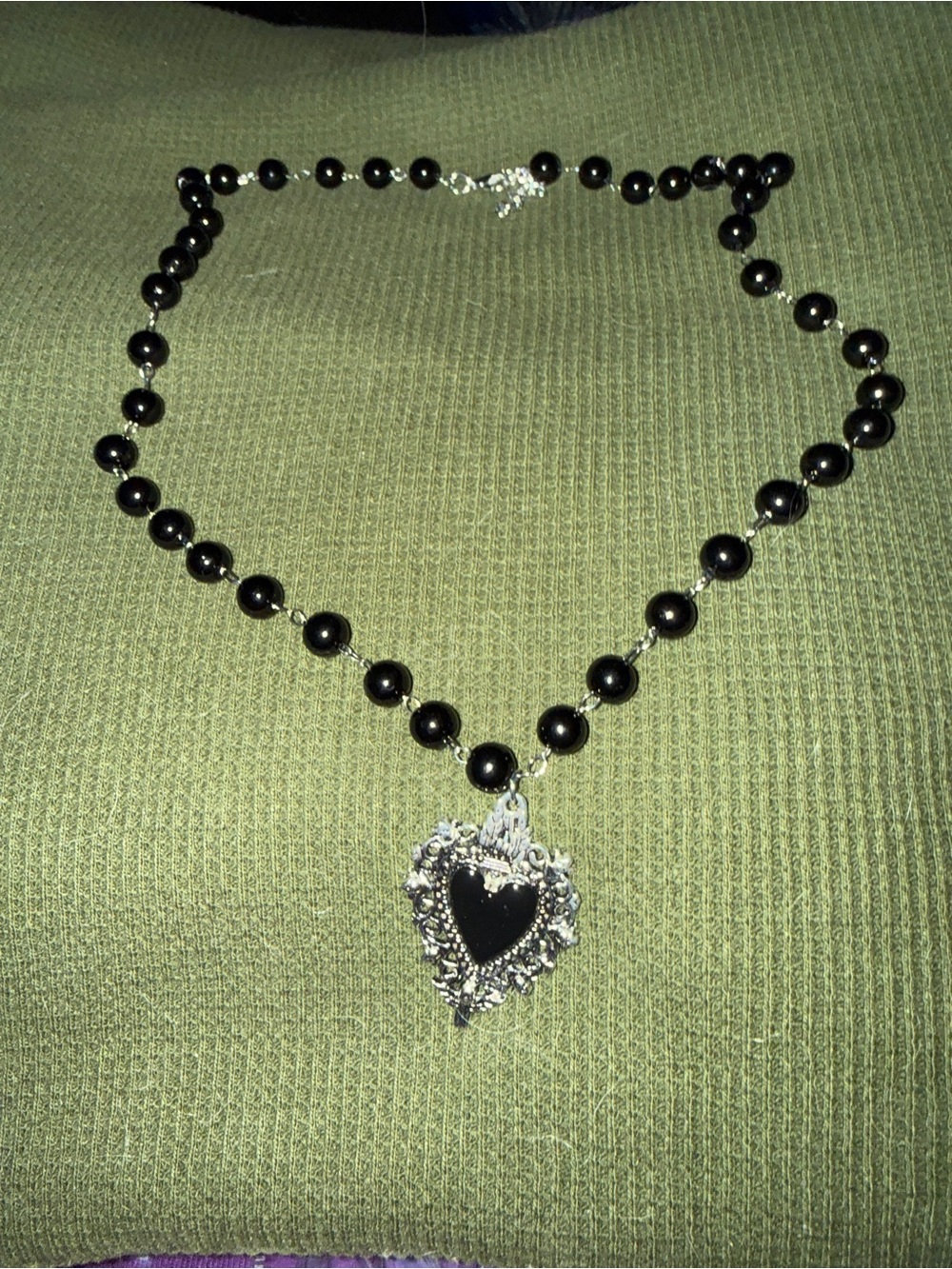 Black Beaded Heart Pendant Necklace - Unbranded